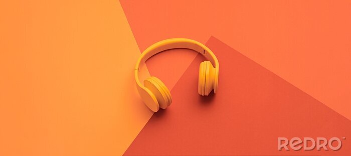 Canvas Minimal fashion, Trendy coral neon headphones. Music vibration on geometry background. Hipster DJ accessory Flat lay. Art creative summer vibes, fashionable pop art style. Bright neon color, banner