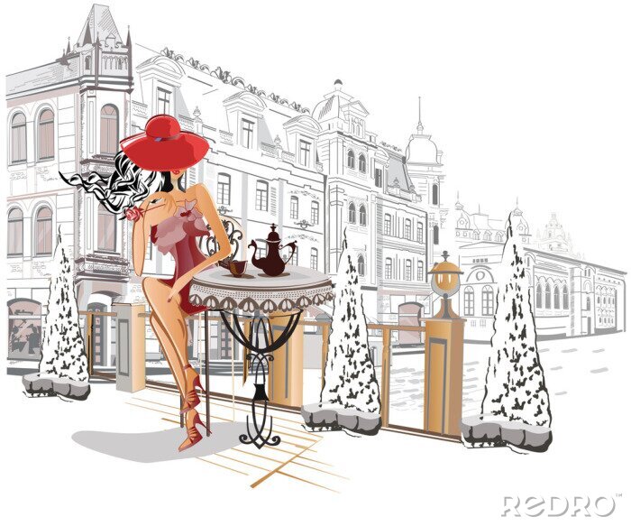 Canvas Mode mensen in het straat café in de oude stad. Hand getrokken vectorillustratie.