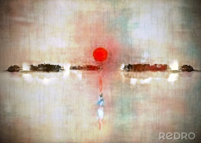 Canvas Modern abstract painting in sumi-e style. Red sunset over calm water