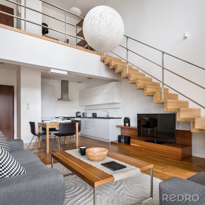 Canvas Modern apartment with wooden stairs