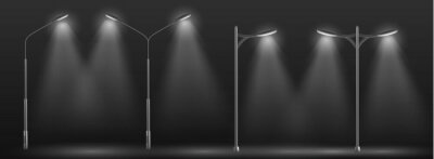 Canvas Modern city street lights row working at night 3d realistic vector. Urban electrical lightning system double and single lampposts glowing in darkness, illuminating road or path in dusk illustration