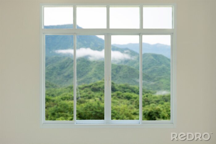 Canvas Modern house window view with mountain background