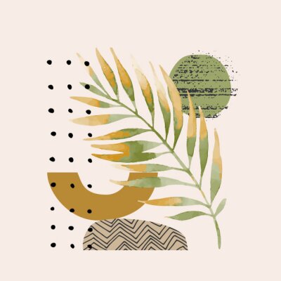 Modern vector illustration with tropical palm leaf, grainy grunge textures, doodles, minimal elements