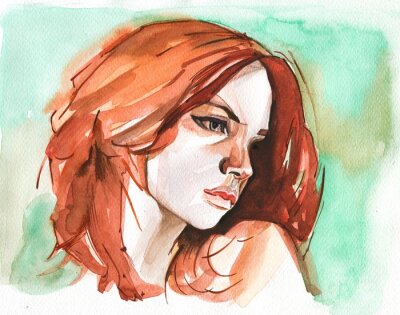 Canvas Modern Young red headed woman portrait hand drawn watercolor illustration