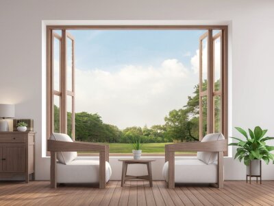 Canvas Moderne hedendaagse woonkamer 3d render, Er zijn houten vloer ingericht met stof en houten meubels, Er zijn grote open ramen met uitzicht op de tuin.