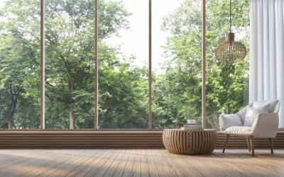 Canvas Moderne woonkamer met uitzicht op de natuur 3D-rendering Afbeelding. Er zijn kamer versieren met hout. Er zijn groot raam met uitzicht op de omliggende natuur en bos