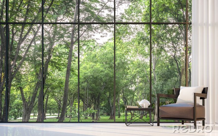 Canvas Moderne woonkamer met uitzicht op de tuin 3D-rendering Image.There zijn een groot raam met uitzicht op de omliggende tuin en de natuur