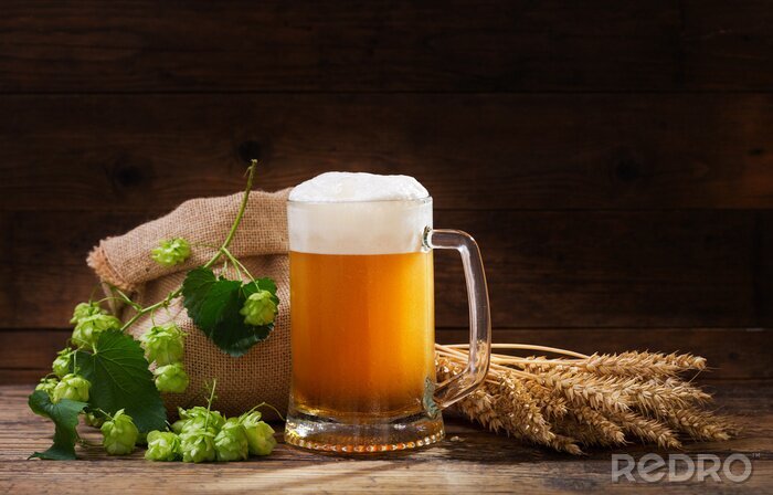 Canvas Mok bier met groene hop en tarwe oren
