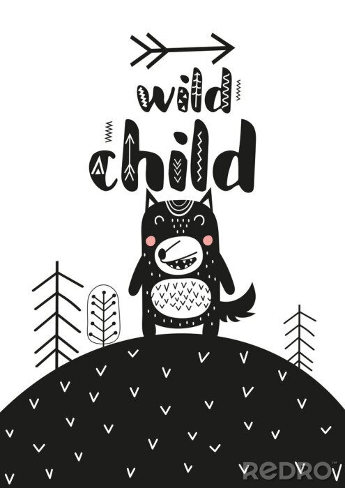 Canvas Monochrome poster for nursery scandi design with cute wolf in Scandinavian style. Vector Illustration. Kids illustration for baby clothes, greeting card, wrapper. Wild child.