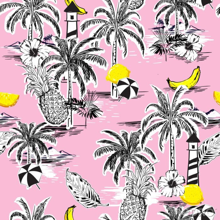 Canvas Mooi naadloos eilandpatroon. Landschap met palmbomen, fruit, hibiscus bloem, banaan, sinaasappel, strand en oceaan vector hand getrokken stijl
