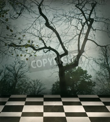 Canvas Mooie surrealistische achtergrond van bomen en wit geblokte vloer in zwart en een grungy stijl
