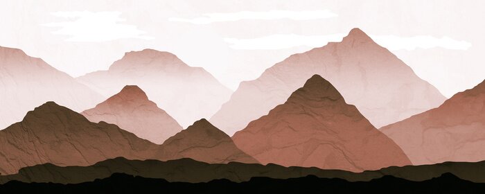 Canvas Mountain Landscape illustration with distant mist. Processed in warm graduated brown and rust tones, with background texture.