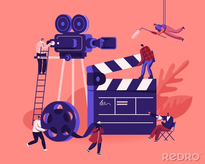 Canvas Movie Making Process Concept. Operator Using Camera and Staff with Professional Equipment Recording Film with Actors. Director with Megaphone, Clapperboard Reel Film Cartoon Flat Vector Illustration