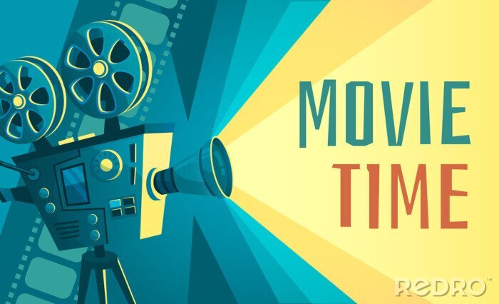 Canvas Movie time poster. Vintage cinema film projector, home movie theater and retro camera. Cinematography entertainment equipment, movies production festival banner vector illustration