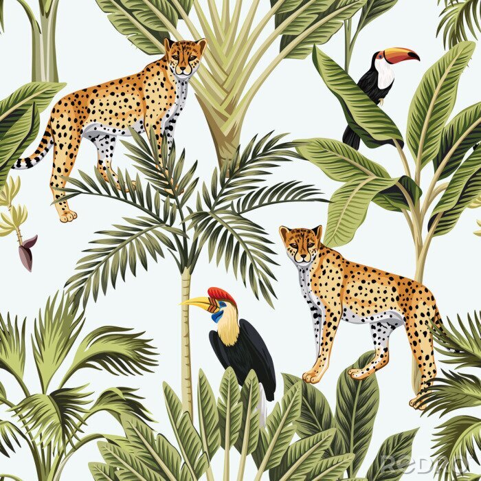 Canvas Mozaïek van tropische dieren en bladeren