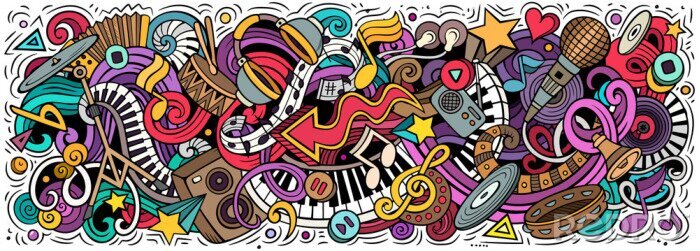 Canvas Music hand drawn cartoon doodles illustration. Colorful vector banner