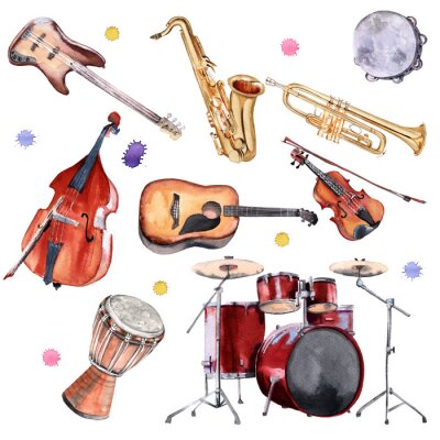 Muziekinstrumenten. Saxofoon, drums, contrabas, gitaren, viool en trompet.