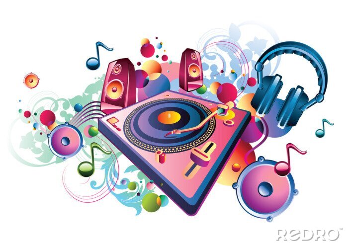 Canvas Muziekontwerp - heldere draaitafel, tonen en luidsprekers