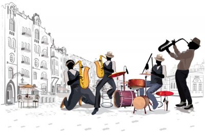 Muzikanten op het feest. Jazzband. Hand getrokken vectorillustratie.