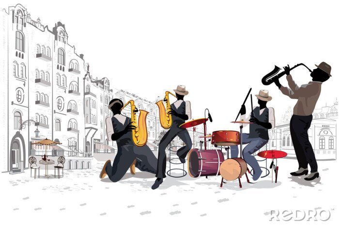 Canvas Muzikanten op het feest. Jazzband. Hand getrokken vectorillustratie.