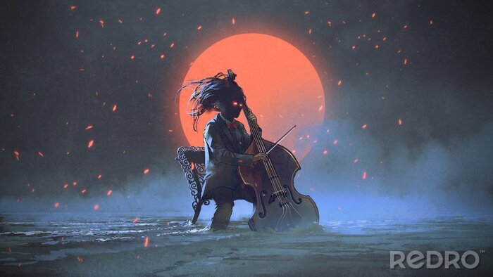 Canvas mysterieuze man zittend op een stoel spelen de cello in de zee aginst de nachtelijke hemel met de rode maan, digitale kunststijl, illustratie schilderij