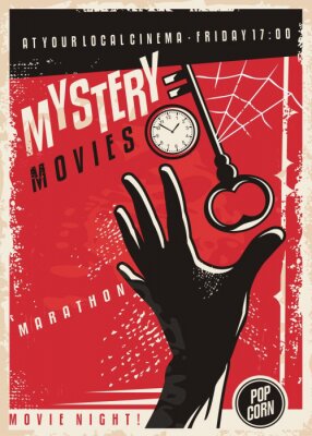 Mystery films marathon retro bioscoop posterontwerp. Film poster sjabloon met hand silhouet, klok, sleutel en spinnenweb. Vector lay-out.
