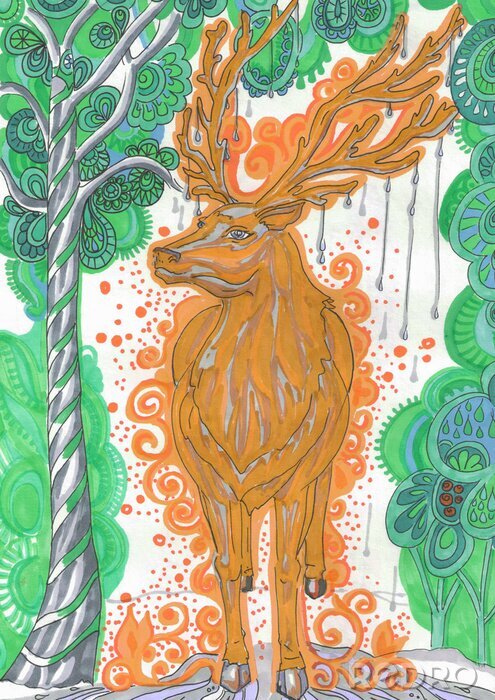 Canvas Mythical Scandinavian deer &quot;Eykturmir&quot; in yellow with drops of water on his horns in the green forest