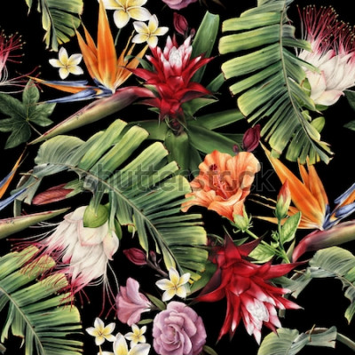 Canvas Naadloos bloemenpatroon met tropische bloemen, waterverf.