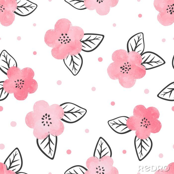 Canvas Naadloos patroon met aquarel roze bloemen en zwarte bladeren.