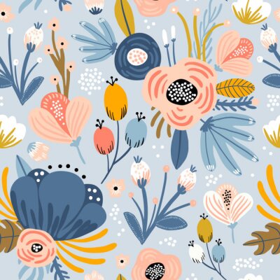 Naadloos patroon met bloemen, palmtak, bladeren. Creatieve bloementextuur. Geweldig voor textiel, textiel vectorillustratie