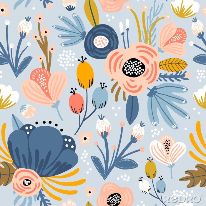 Canvas Naadloos patroon met bloemen, palmtak, bladeren. Creatieve bloementextuur. Geweldig voor textiel, textiel vectorillustratie
