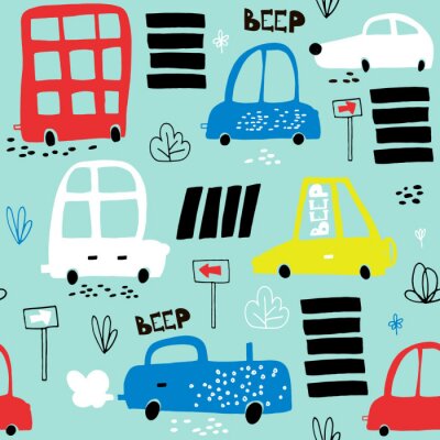Naadloos patroon met handgetekende schattige auto. Cartoon auto's, verkeersbord, zebra kruising vector illustration.Perfect voor kinderen stof, textiel, kwekerij behang