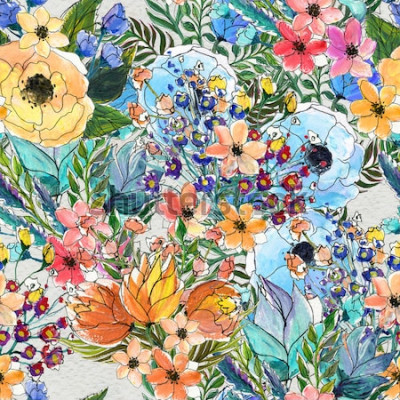 Canvas Naadloos patroon met kleurrijke bloemen