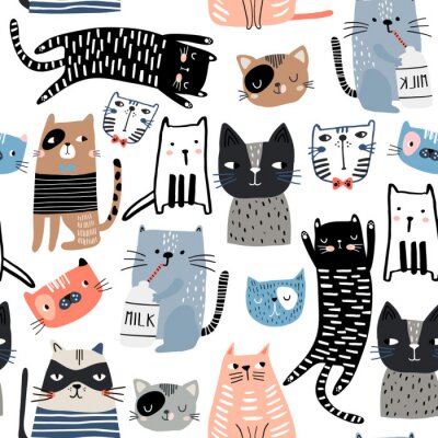Naadloos patroon met schattige katjes in verschillende stijl. Creatieve kinderachtige textuur. Geweldig voor stof, textiel Vector Illustratie