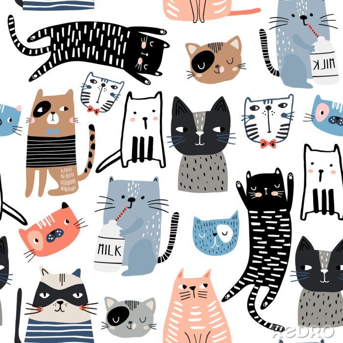Canvas Naadloos patroon met schattige katjes in verschillende stijl. Creatieve kinderachtige textuur. Geweldig voor stof, textiel Vector Illustratie
