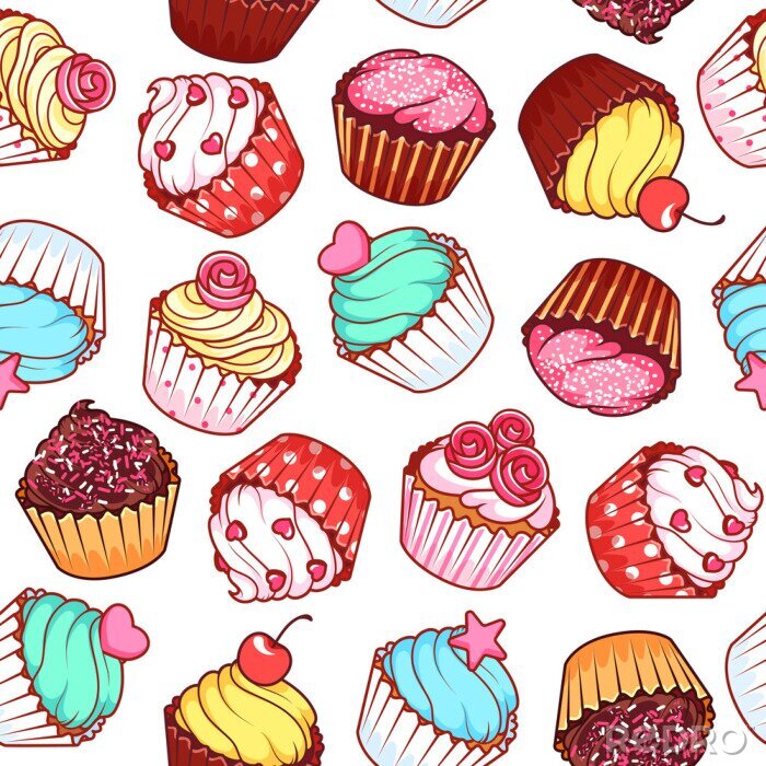 Canvas Naadloos patroon met verschillende cupcakes op een witte achtergrond.