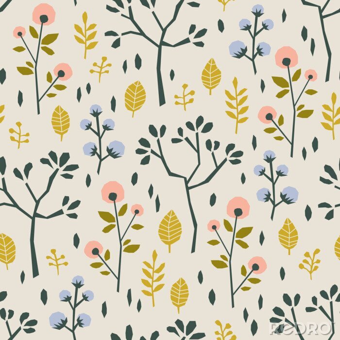 Canvas Naadloos patroon met verschillende planten en bladeren