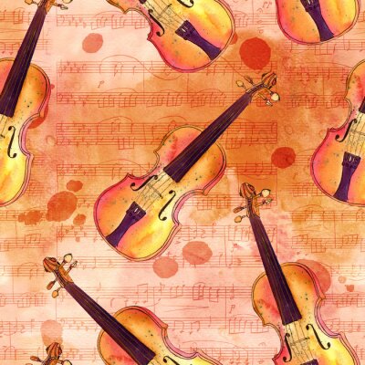 Canvas Naadloos patroon met waterverf violen op oude bladmuziek