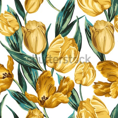 Canvas Naadloos patroon van gele tulpen op een witte achtergrond.