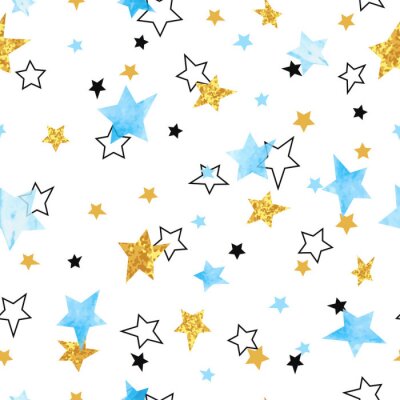 Naadloos patroon van sterren. Vector achtergrond met waterverf blauwe en glinsterende gouden sterren.