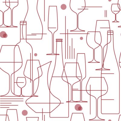 Canvas Naadloze achtergrond met wijnglazen en flessen. Ontwerpelement voor het proeven, menu, wijnkaart, wijnmakerij, winkel. Lijnstijl. Vector illustratie.