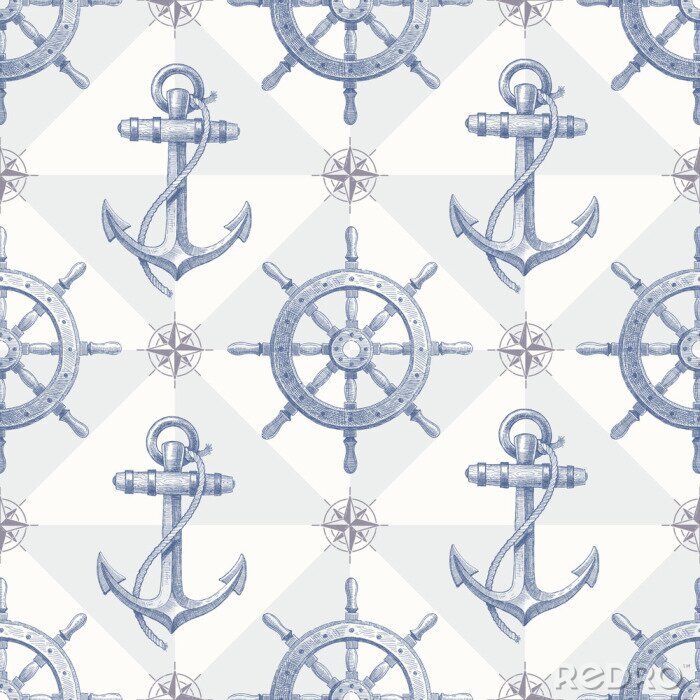 Canvas Naadloze nautische achtergrond met de hand getekende elementen