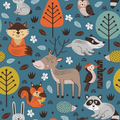 naadloze patroon met dieren in het bos op blauwe achtergrond Scandinavische stijl - vectorillustratie, eps