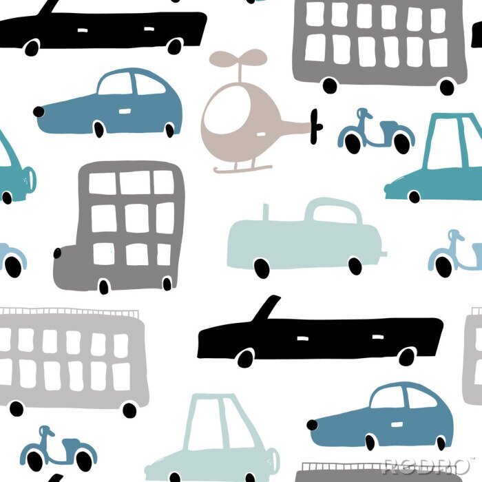 Canvas Naadloze patroon met hand getrokken vervoer Cartoon auto's, helikopter vector illustratie. Perfect voor kinderen weefsel, textiel, kinderdagverblijf behang