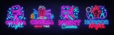 Canvas Nachtgebeurtenis van bioscoopfilms, label en logo. Cinema banner Ontwerpsjabloon, logo, embleem en label. Helder bord, nachtelijke heldere reclame. Film logo. Vector illustratie
