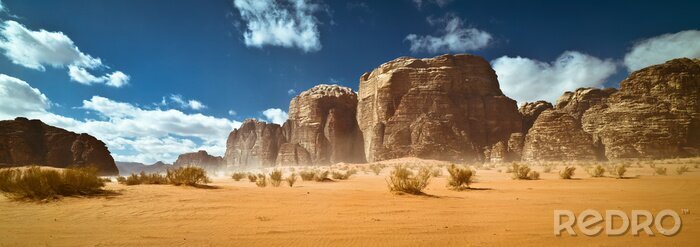 Canvas Nature and rocks of Wadi Rum or Valley of the Moon desert, Jordan, sand storm