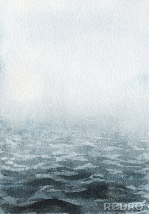 Canvas Neo-noir landscape. Blue river / lake / sea / ocean in fog - hand drawn watercolor painting in minimalist style. Pre-made scene, background.