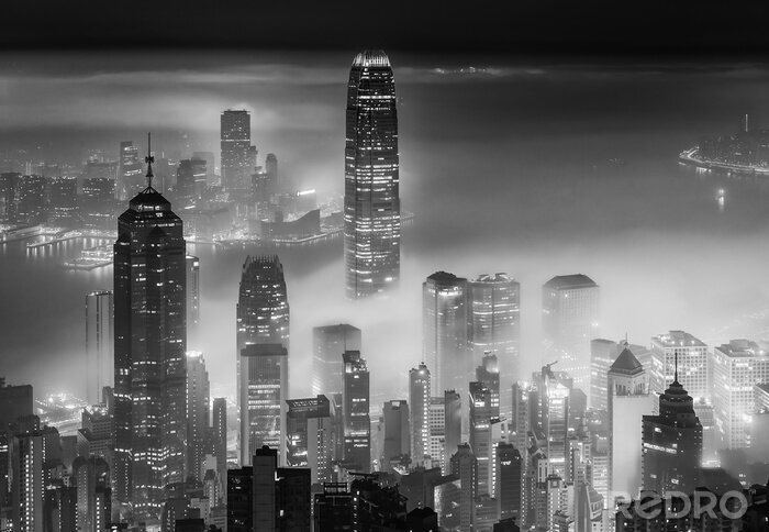 Canvas Nevelige nachtmening van Victoria-haven in Hong Kong-stad