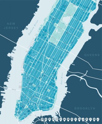 Canvas New York Kaart - Lower Manhattan en Mid. Zeer gedetailleerde vector kaart met alle straten, parken, namen van onderdistricten, interessante punten, etiketten, buurten.