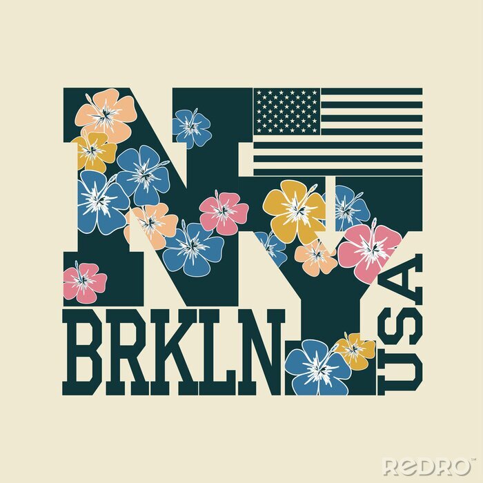 Canvas New York T-shirt, bloemen brieven